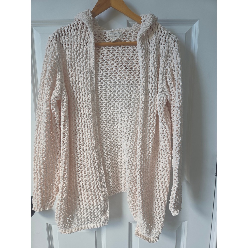 Artelier Fisherman Cream Salmon Open Knit Hooded Cardigan Sweater Small